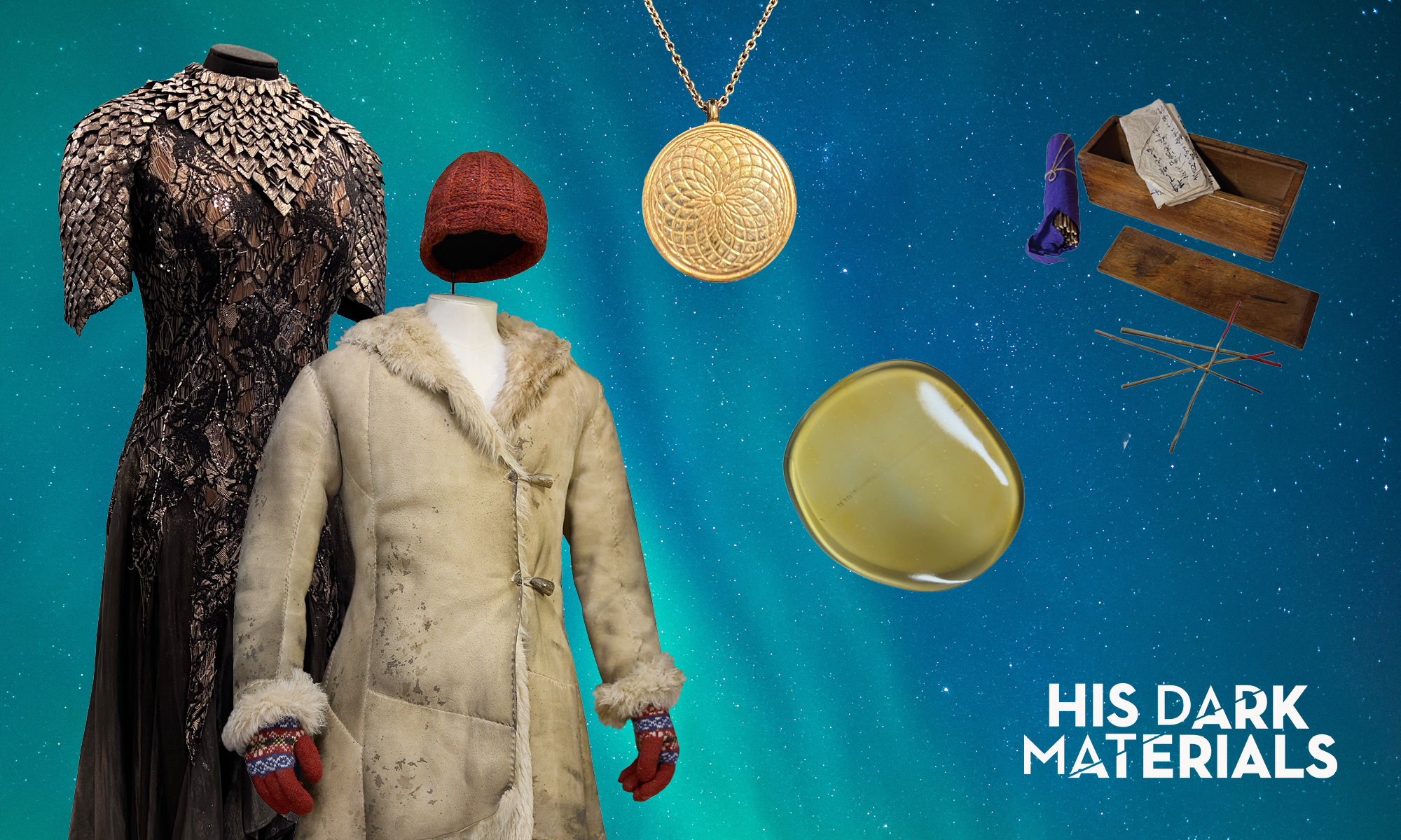 A red knitted hat suspended above a tanned hide coat on a mannequin with overlay text saying: His Dark Materials, Find props from the BBC?HBO series among the Pitt Rivers Museum's famous displays