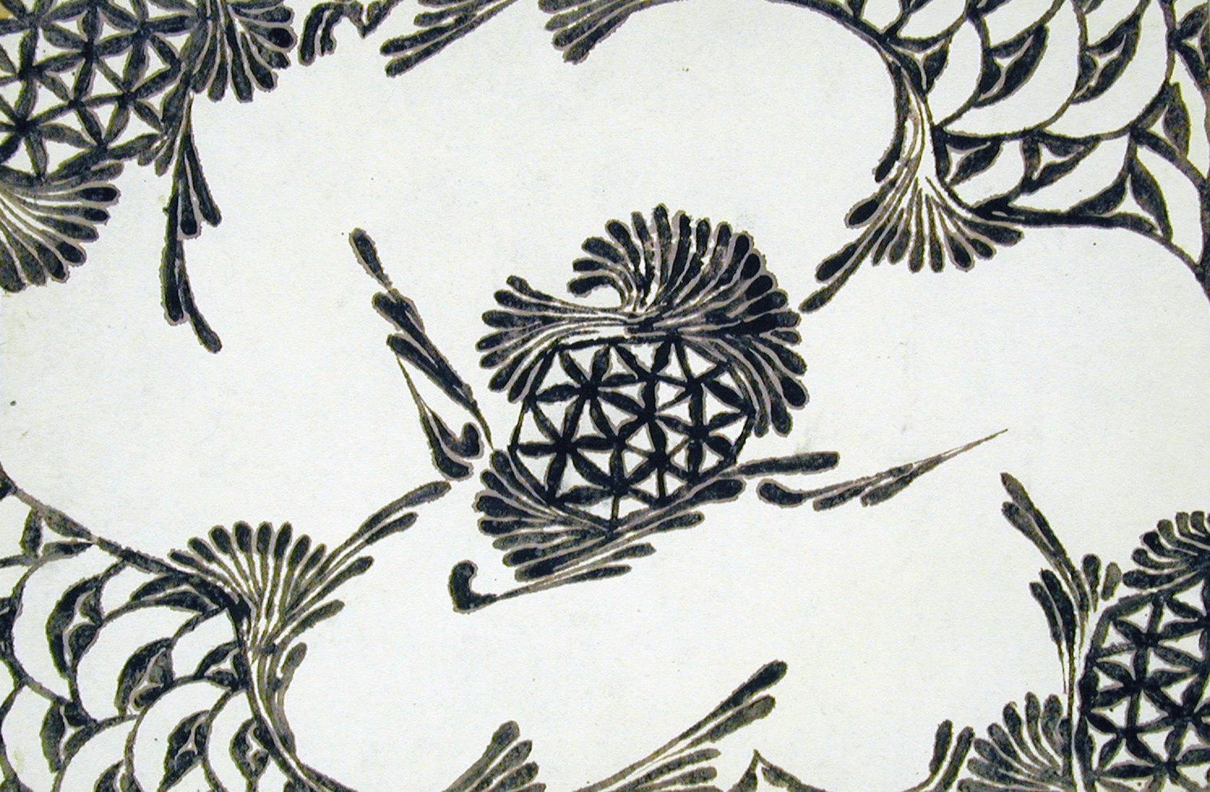 Organic shapes, including tessellations of triangles and curving lines like scales or overlapping circles, painted in black paint on a cream background