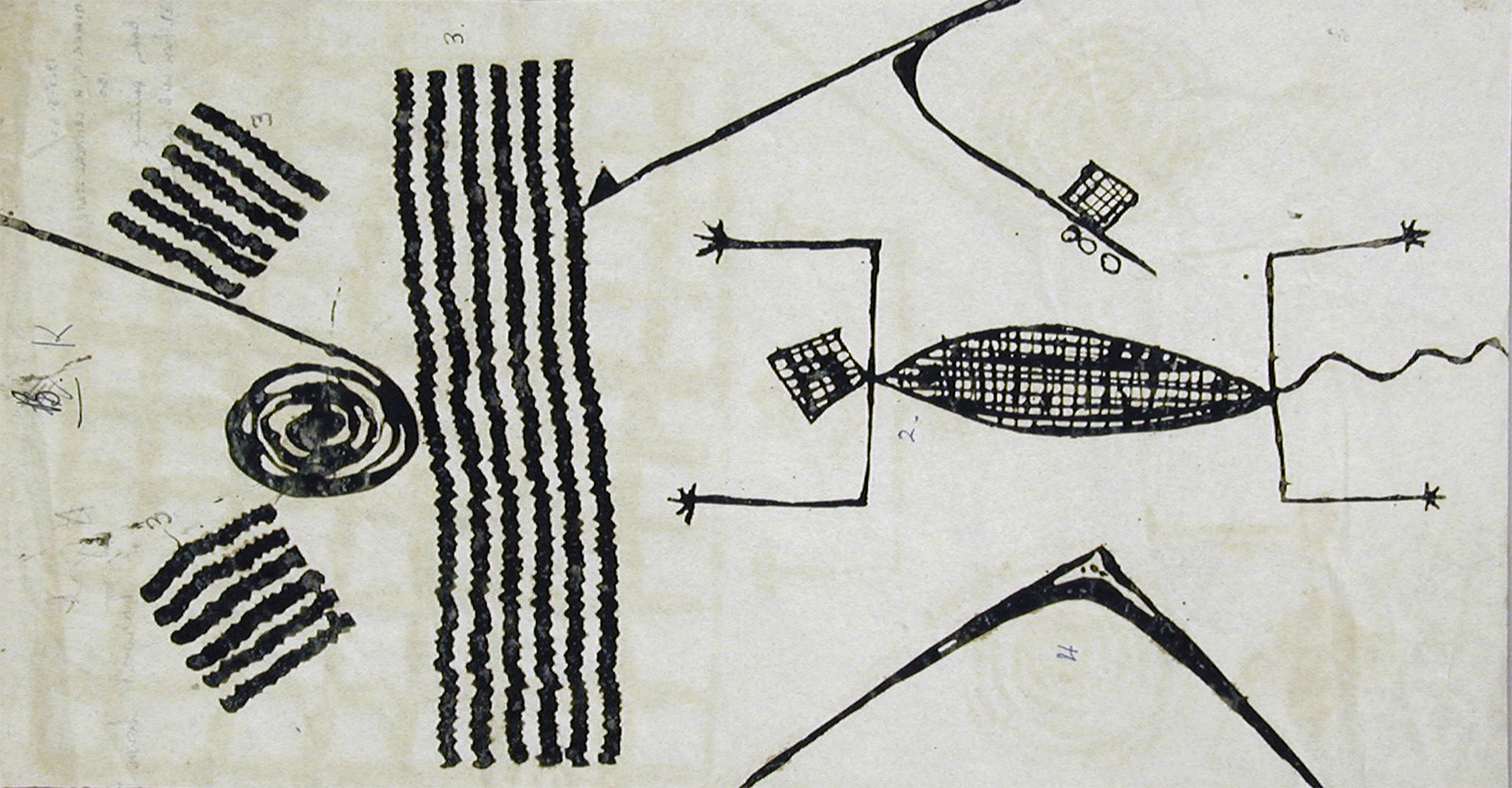 Black lines painted in linear patterns and a lizard-like figure with bent legs stretching forward and backwards