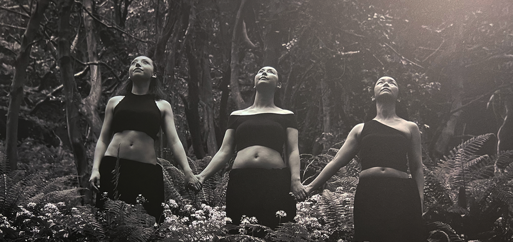 Black and white photograph showing three women standing holding hands in a forest setting