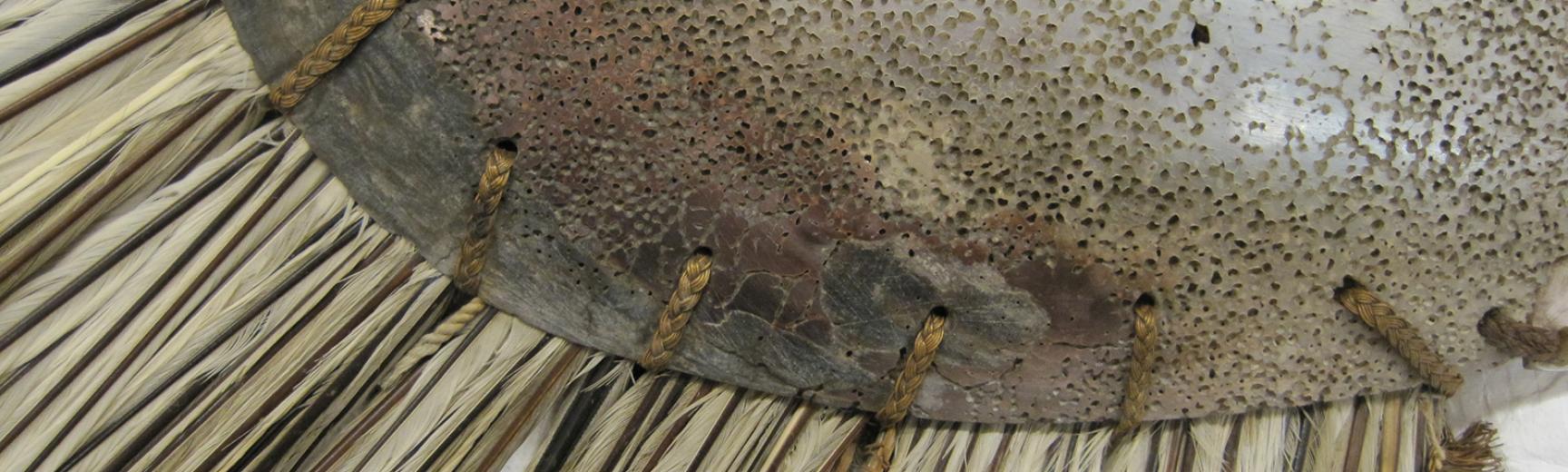 Detail of pearlshell and tropicbird feathers (1886.1.1673.3.1)