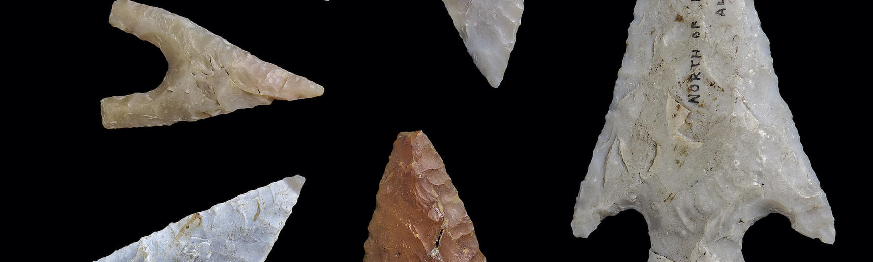Six arrowheads in range of shapes from a leaf to a triangular point with a central projection at the base (tang) with smaller points (barbs) on either side. 