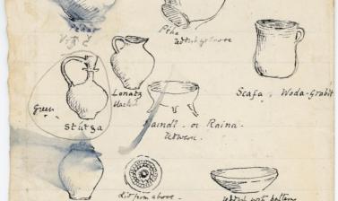 ‘Croatian Crockery.’ Depictions of nine variously shaped pots or vessels, identified as pottery for sale at the market in Zagreb, Croatia, with accompanying notes: ‘Went into crockery market to study crocks - the chief forms are a wine, beer, or water jug