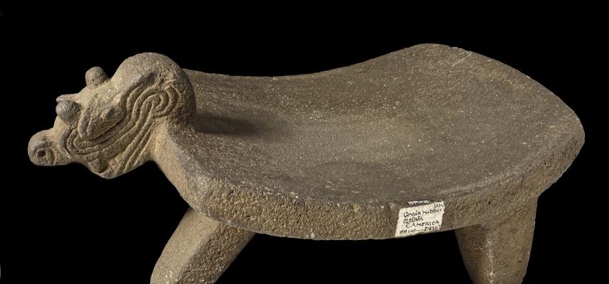 Stone grinder with a carved animal head.  The saddle shaped grinder has 3 legs.  The grinding surface is rectangular, smooth and concave. The animal face has a long curved mouth and 4 short horns.