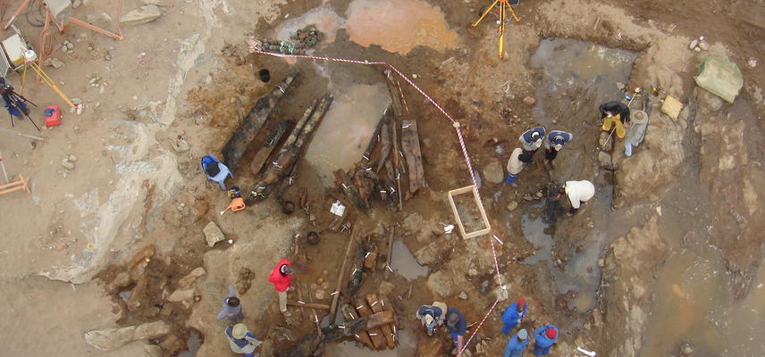 Aerial view of archaeological excavations of the shipwreck after its discovery during diamond mining operations in 2008. Photo by: National Museum of Namibia, Windhoek