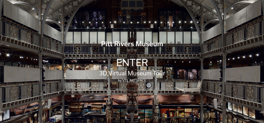 Steps lead down into a darkened room packed with museum display cases and text overlaid reads ENTER 3D Virtual Museum Tour by V21 ARTSPACE