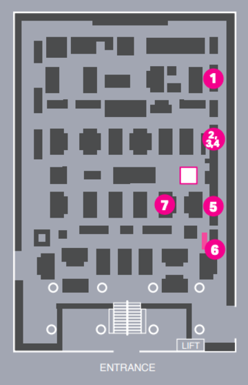 Floor plan of museum ground floor with five pink dots marking locations