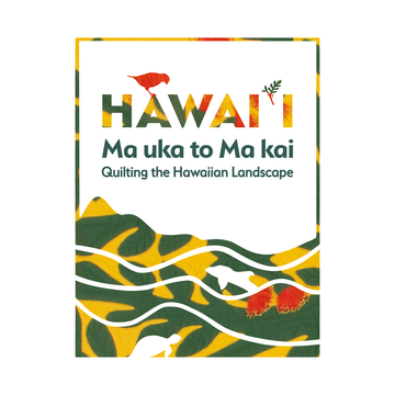 Title graphic showing the words 'Hawaii Ma uka to Ma kai Quilting the Hawaiian Landscape' with the letters filled in with a quilt image, and waves motif also depicted from photograph of a quilt.