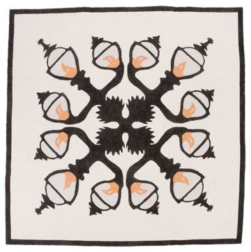 White quilt appliqued with a repeating, symmetrical lampost design radiating from the centre, and a black border around the edge.