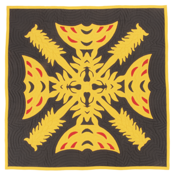 Black quilt appliqued with yellow and red fabric to depict a repeating pattern featuring a Hawaiian feather cloak design