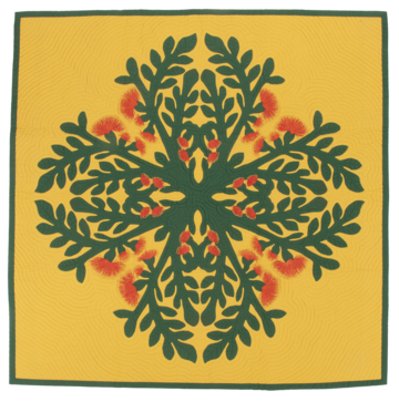 Yellow quilt appliqued with a radiating pattern of green foliage decorated with flowers made from stitches of red thread.