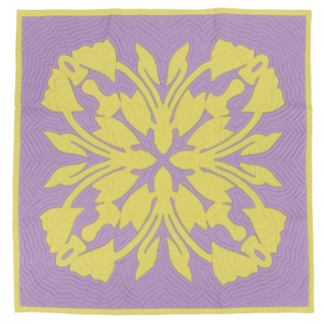 Purple quilt appliqued with a repeating pattern of the kalo (taro) plant in yellow fabric.