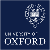 Logo made of a blue square with the text 'University of Oxford' and garter symbol in the top right corner
